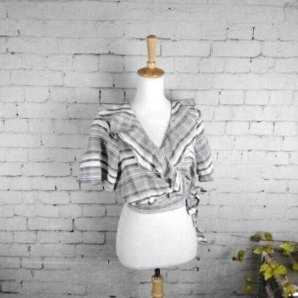Revolve Tularosa Cropped Ruffled Striped Wrap Top In White And Black Medium - Picture 7 of 7